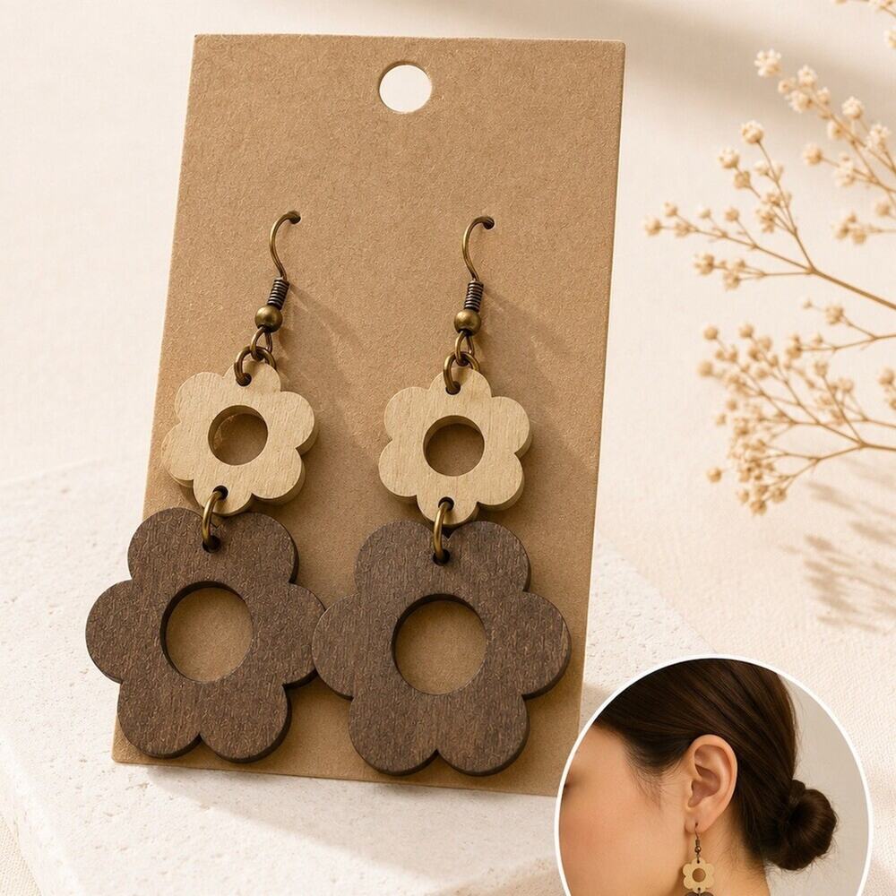 Boutique Two-Tone Wooden Flower Dangle Earrings Boho Floral Drop Bronze Hooks